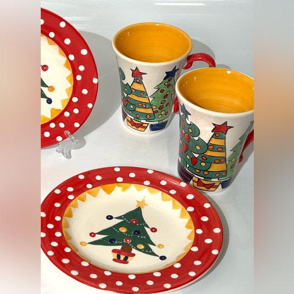 Living Art Carnival Christmas Tree Set of 3 Ceramic Dessert Plates & Mugs NEW - Picture 3 of 11